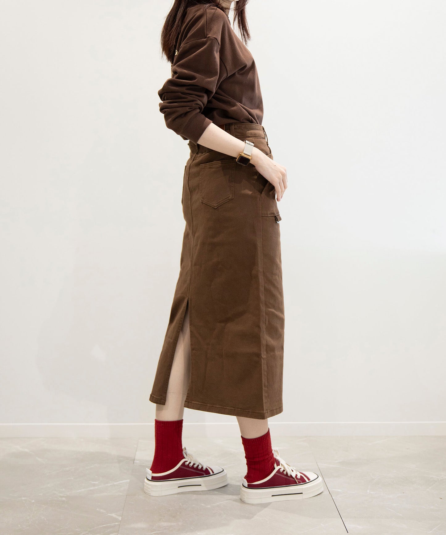 Stretch long denim skirt
