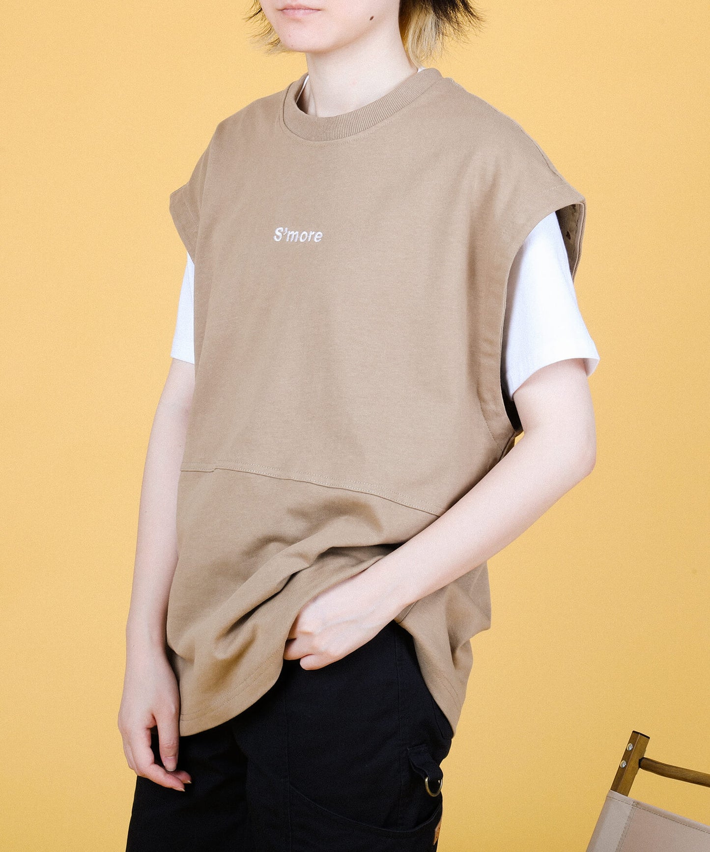 New!! 2WAY REMOVABLE SLEEVE COTTON CREW NECK BIG S/S T-SHIRT